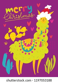 Vector Christmas winter card for holiday season with cute funny lama