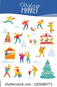 Vector Christmas winter card for holiday season with abstract people doing winter activities.