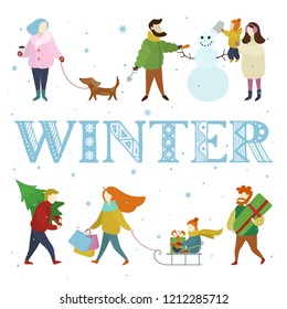 Vector Christmas winter card for holiday season with abstract people doing shopping and winter outdoor activities. Merry Christmas and New Year winter design - vector Illustration collection