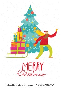 Vector Christmas winter card for holiday season with abstract people doing winter activities.