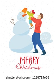 Vector Christmas winter card for holiday season with abstract people doing winter activities.