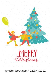 Vector Christmas winter card for holiday season with abstract people doing winter activities.