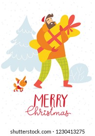 Vector Christmas winter card for holiday season with a shopping man and a dog 