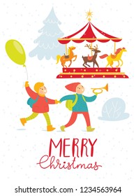 Vector Christmas winter card for holiday season with abstract people doing winter activities.