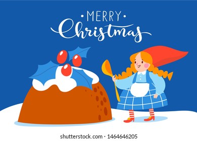 Vector Christmas winter card for holiday season with cartoon gnome prepair holiday cake for dinner 