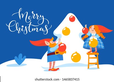 Vector Christmas winter card for holiday season with cartoon elfs decorating Christmas tree 