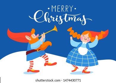 Vector Christmas winter card for holiday season with cartoon elfs gnomes dancing and playing music 