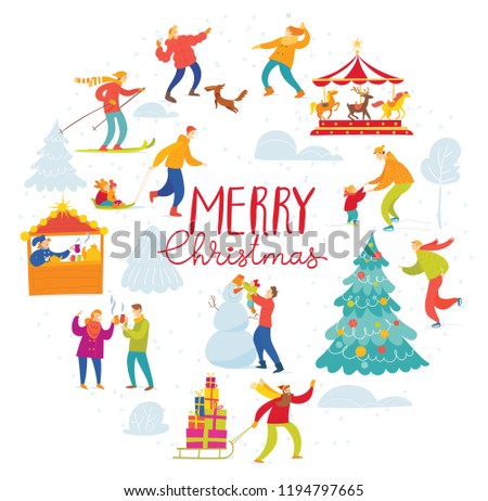 Vector Christmas winter card for holiday season with abstract people doing winter activities.