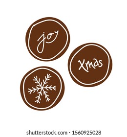 Vector christmas winter cookies, painted and decorated gingerbread. Snowflake. Lettering. Joy. Xmas. Perfect for new year design. Gift idea.  Holiday mood.