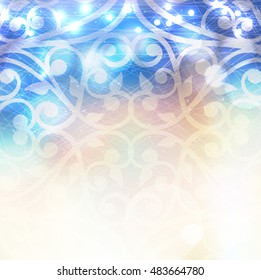 Vector Christmas winter frozen background with lights bokeh and openwork pattern