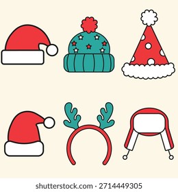 Vector Christmas and Winter Holiday Hat Collection: Santa, Beanie, Reindeer Headbands and Funny Caps