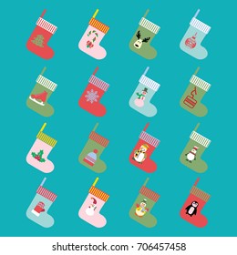 Vector Christmas and winter holiday modern icons set in flat design made of christmas socks.