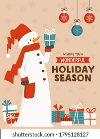 Vector Christmas and winter holidays card design with cute snowman, Christmas ornaments, and gift boxes.