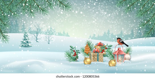 Vector Christmas winter landscape with a bird, Christmas tree, vintage lamp and decorations. Winter snowy background