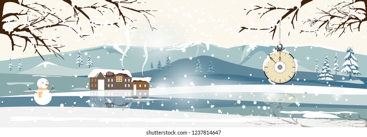 Vector Christmas and Winter landscape with forest trees and house on blue mountains and Vintage clock hanging on tree branches with snow covered, Panorama Winter for greeting card or banner in vintage