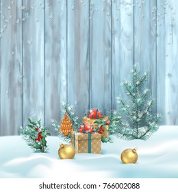 Vector Christmas winter landscape with frosty Christmas tree, gifts and decorations on the background of wooden wall