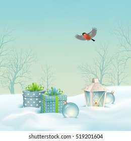 Vector paisaje navideño de invierno con regalos, colinas cubiertas de nieve, bosque de invierno, aleta de pájaro
