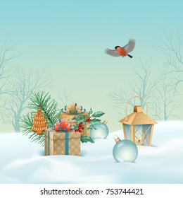 Vector Christmas winter landscape with gifts, snow covered hills, bird bullfinch