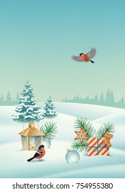 Vector Christmas winter landscape with gifts, snow covered hills, winter forest, bird bullfinch