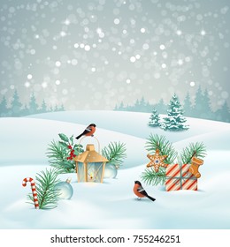 Vector Christmas winter landscape with gifts, snow covered hills, winter forest, bird bullfinch