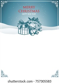 Vector Christmas winter landscape with gifts, and  teddy bear on  snow  