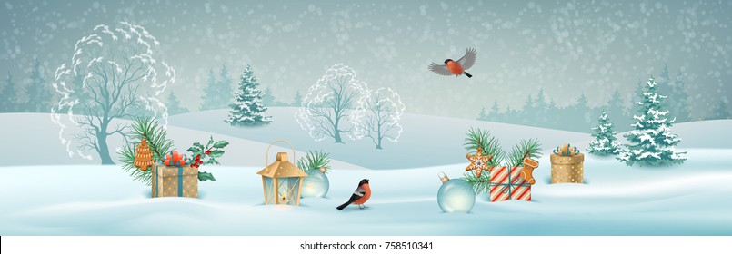 Vector Christmas winter landscape with gifts, snow covered hills, bird bullfinch