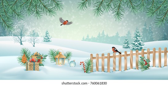 Vector Christmas winter landscape with gifts, fence, snow covered hills, bird bullfinch