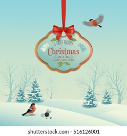 Vector Christmas winter landscape with hanging wooden sign, snow covered hills, winter forest, birds bullfinches