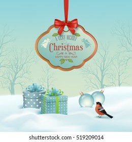 Vector Christmas winter landscape with hanging wooden sign, gifts, snow covered hills, winter forest, bird bullfinch