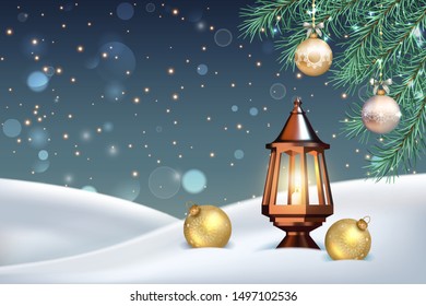 Vector Christmas winter landscape with snow covered hills, vintage luminous lantern and decorations