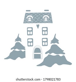 Vector christmas winter old town street witth cute house and fir isolated on white background. Winter landscape