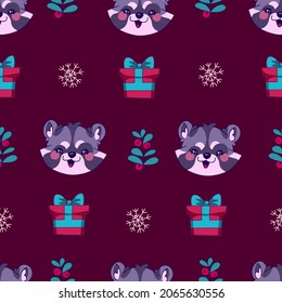 Vector Christmas winter pattern for kids with raccoons and Christmas gifts. New Year's animals on a Christmas background. Cute print for printing on fabric, clothes, wrapping paper, toys, postcards