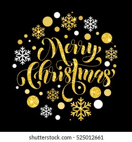 Vektor-Weihnachtsgeschmack mit glitzernden goldfarbenen und silbernen Kristall-Ziern. Frohe Weihnachtskalligrafie mit Schneeflocken-Hintergrund für Grußkarte