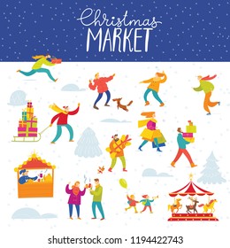 Vector Christmas winter poster for holiday season market with abstract bright people doing shopping and winter activities.