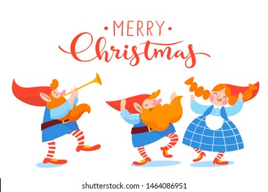 Vector Christmas winter poster for holiday season with cartoon gnomes dancing and playing music