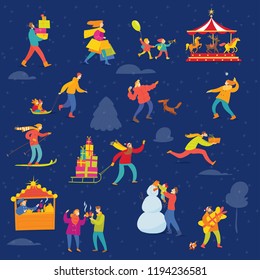 Vector Christmas winter poster night design for holiday season with abstract people doing shopping and winter sport activities.