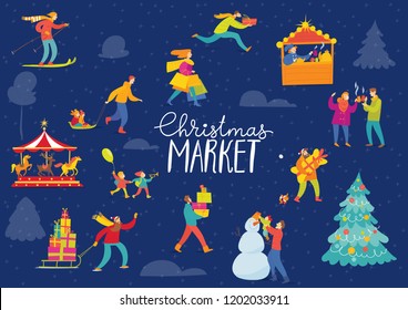 Vector Christmas winter poster night design for holiday season with abstract people doing shopping and winter sport activities.