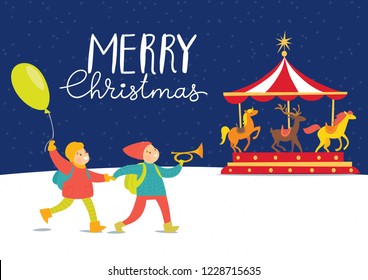 Vector Christmas winter poster night design for holiday season with abstract people doing shopping and winter sport activities.