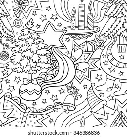 Vector Christmas winter seamless illustration of Christmas trees stars, candles and other frippery. Suitable for fabric, wallpaper, wrapping paper.