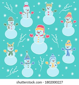 Invierno de Navidad vectorial con adorables hombres de nieve multicolor con sombreros. Para el diseño de tarjetas de felicitación, embalajes, cubiertas, impresiones textiles