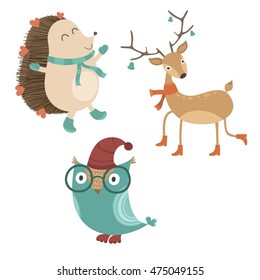 Vector christmas winter set with deer, owl and hedgehog