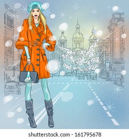 Vector Christmas winter Urban landscape, beautiful fashionable girl on the wide avenue with views of the church in St. Petersburg, Russia