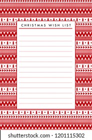 Vector Christmas wish list blank paper. Printable Holidays template for gifts list with scandinavian winter seamless pattern.