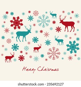 Vector Christmas wishes - winter card with deers and flakes.  Eps 10 vector file. 