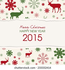 Vector Christmas wishes - winter torn paper with deers and flakes.Christmas background. Colors - beige, red and green. Eps 10 vector file. 