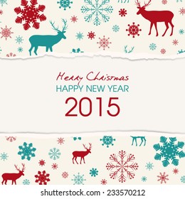 Vector Christmas wishes - winter torn paper with deers and flakes.Christmas background. Colored. Eps 10 vector file. 