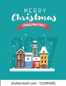 Vector Christmas wishing card with traditional celebrating text. Merry Christmas and Happy New Year greetings card with winter festive background. Winter holidays congratulation template in flat.