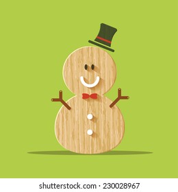 Vector : Christmas wooden icon, cute snowman smile on green background