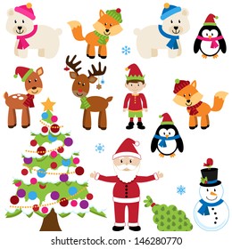 Vector Christmas Woodland and Forest Animals with Santa Claus and a Tree