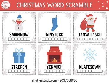 Vector Christmas word scramble activity cards. English language game with cute Santa Claus, Christmas tree, snowman for kids. Holiday winter party family quiz. Simple educational printable worksheet.
